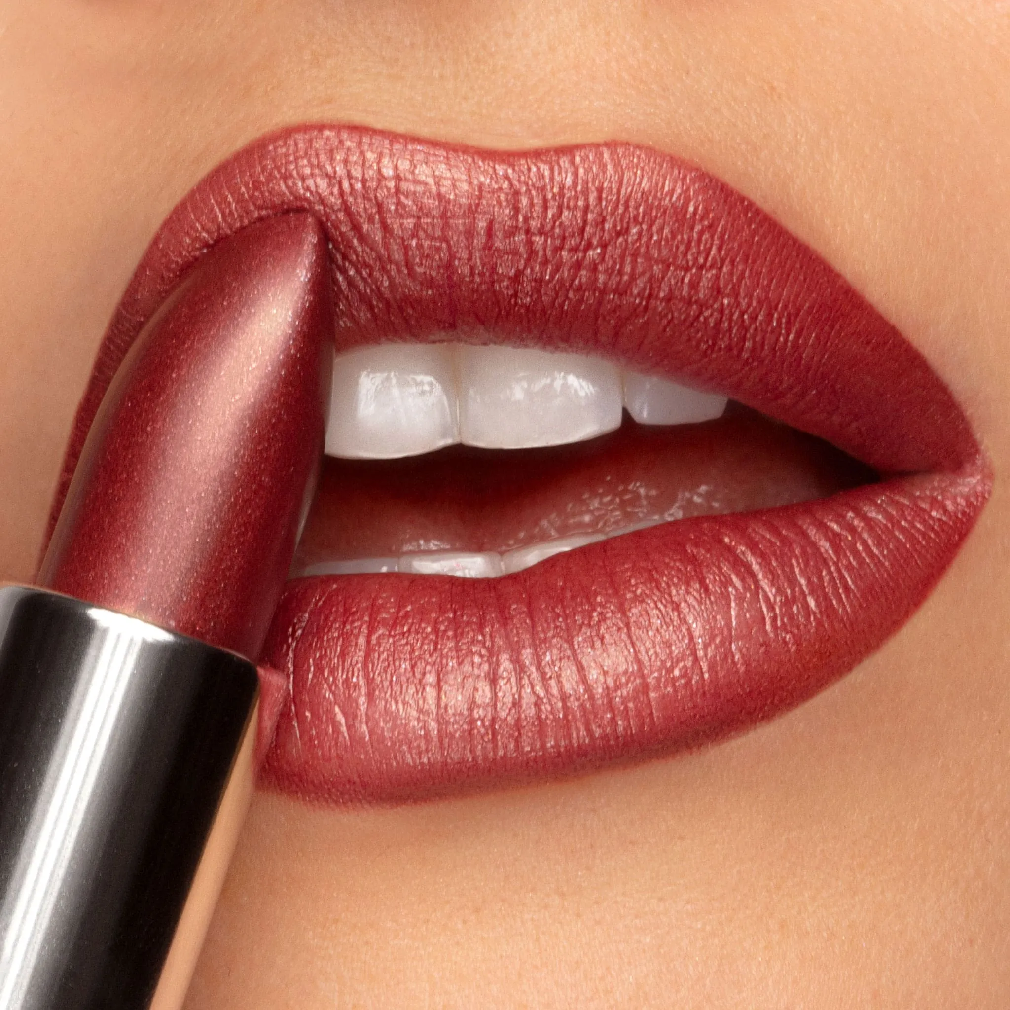 Ritzy Crème | A Warm Earthy Red with Gold Shimmer Lipstick