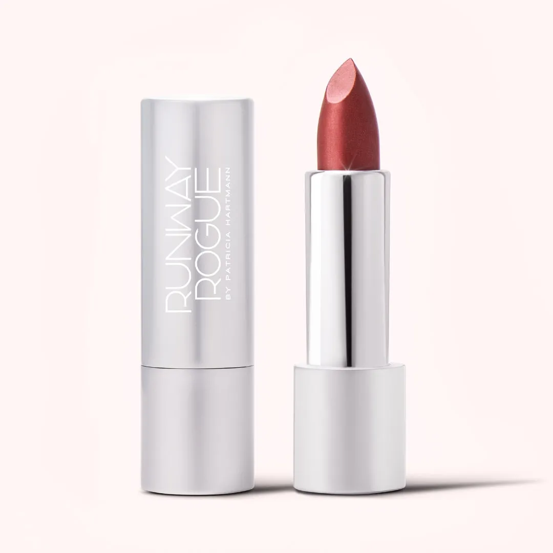 Ritzy Crème | A Warm Earthy Red with Gold Shimmer Lipstick