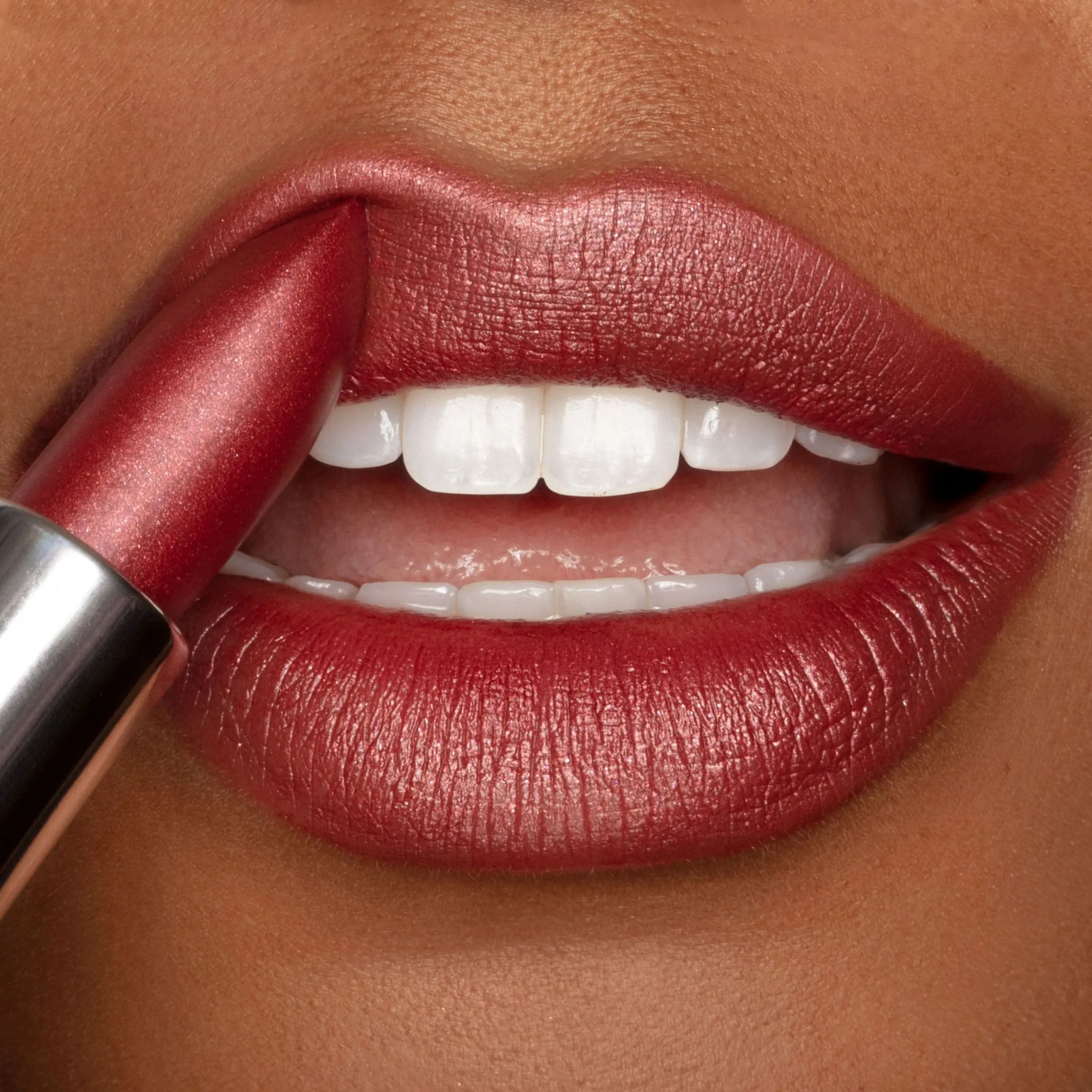 Ritzy Crème | A Warm Earthy Red with Gold Shimmer Lipstick