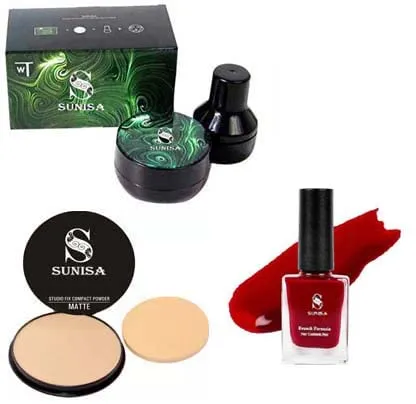 SUNISA 1 BB and CC Cream Matte, Natural Finish Foundation With Mushroom Head Air Cushion 20g and 1 Studio Fix Compact Powder with 1 Red Nail Polish - (Pack of 4)